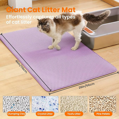 Petinstinct Jumbo Cat Litter Mat, 46x26 Inches Double Layer Honeycomb Litter Trapping Mat, Non Slip Waterproof Urine Proof Extra Large Cat Litter Box Mat, Kitten Supplies and Essentials, XXL, Purple