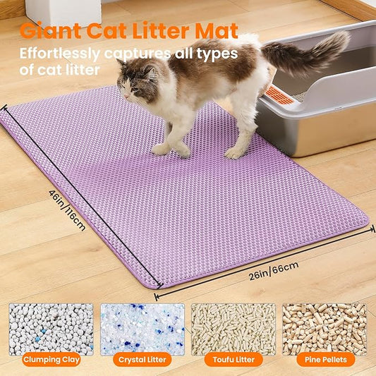 Petinstinct Jumbo Cat Litter Mat, 46x26 Inches Double Layer Honeycomb Litter Trapping Mat, Non Slip Waterproof Urine Proof Extra Large Cat Litter Box Mat, Kitten Supplies and Essentials, XXL, Purple