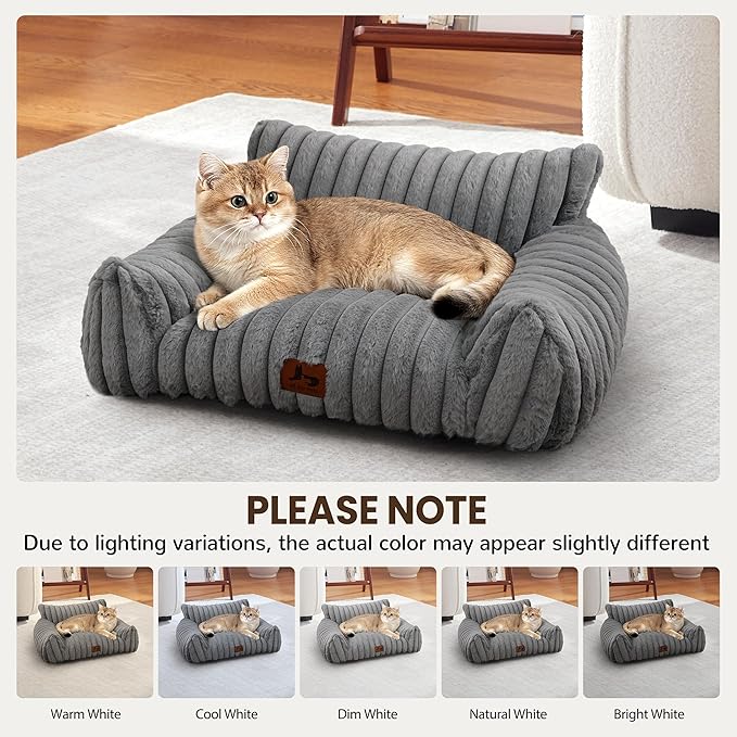 Warmrest Cat Couch for Pets, Cute Cat Bed with Cozy Soft Faux Rabbit Fur for Kitten, Fuzzy Cats Sofa for Indoor Cats, Supportive Pet Sofa with Removable Washable Cover, Light Gray, 24"