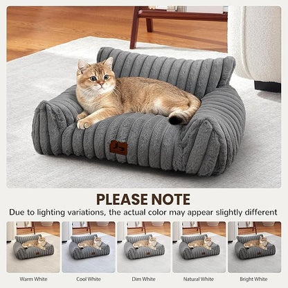 Warmrest Cat Couch for Pets, Cute Cat Bed with Cozy Soft Faux Rabbit Fur for Kitten, Fuzzy Cats Sofa for Indoor Cats, Supportive Pet Sofa with Removable Washable Cover, Light Gray, 24"