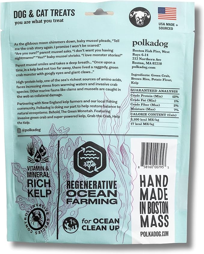Polkadog Green Monstah Bone Shaped Dog Treats – Crunchy, All Natural, Limited Ingredient Healthy Treats. Handcrafted & Made in USA. Made with Kelp & Green Crab, High in Omega-3, Hypoallergenic – 7oz