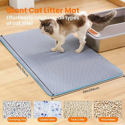 Petinstinct Jumbo Cat Litter Mat, 46x26 Inches Double Layer Honeycomb Litter Trapping Mat, Non Slip Waterproof Urine Proof Extra Large Cat Litter Box Mat, Kitten Supplies and Essentials, XXL, Blue