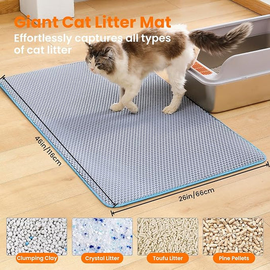 Petinstinct Jumbo Cat Litter Mat, 46x26 Inches Double Layer Honeycomb Litter Trapping Mat, Non Slip Waterproof Urine Proof Extra Large Cat Litter Box Mat, Kitten Supplies and Essentials, XXL, Blue