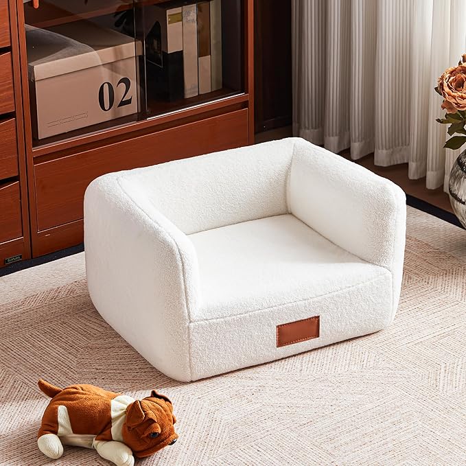 ATJafurn White Faux Shearling Dog Couch Bed for Small Dogs Cats Under 35 lbs, 25.6 Inch Modern Elevated Cat Sofa with Leather Nameplate, Indoor Furniture Style Cute Raised Pet Sofa Bed (Small)