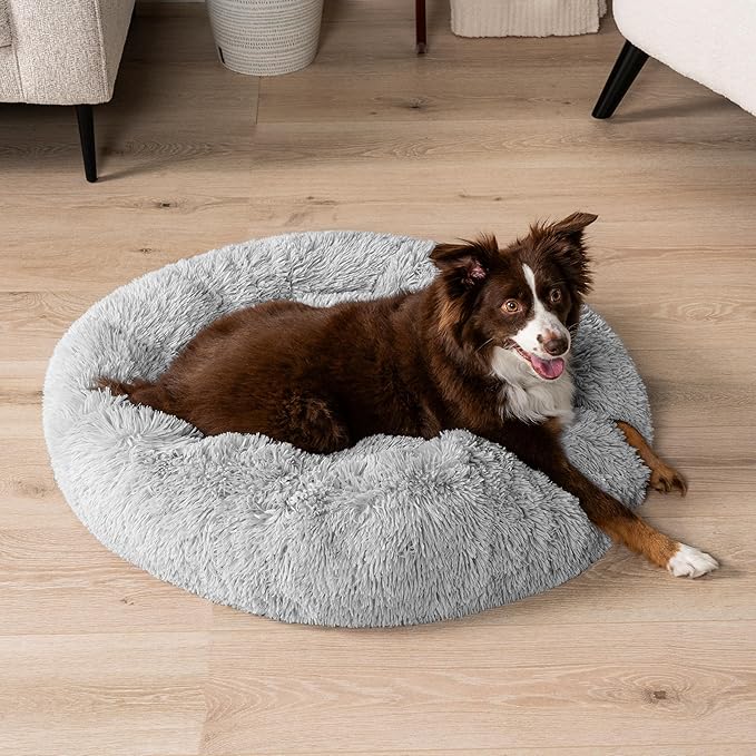 PetAmi Calming Dog Bed for Small & Medium Dogs and Cats, 30” Round Donut Dog Bed, Washable Fluffy Faux Fur Puppy & Cat Bed, Anti-Anxiety Plush Cuddler Pet Bed with Anti-Slip Bottom - Light Gray