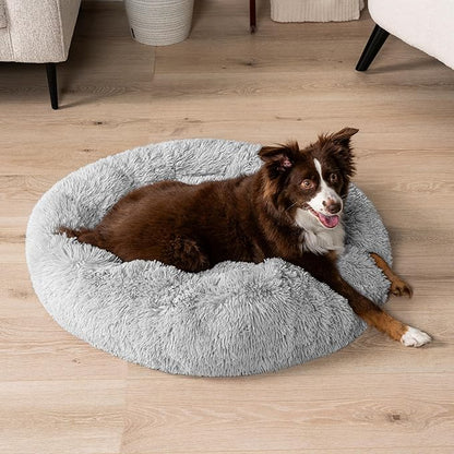 PetAmi Calming Dog Bed for Small & Medium Dogs and Cats, 30” Round Donut Dog Bed, Washable Fluffy Faux Fur Puppy & Cat Bed, Anti-Anxiety Plush Cuddler Pet Bed with Anti-Slip Bottom - Light Gray