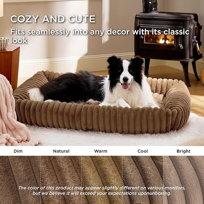 Bedsure ComfyFleece Cute Dog Bed for Extra Large Dogs - Washable Furry Puppy Beds, Rectangle Orthopedic XL Pet Beds with Removable Zipper Cover, 43x30x8inches, Camel Brown