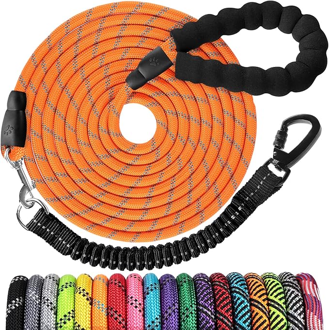 jenico Long Dog Leash 20FT: Heavy Duty Nylon Rope Leashes for Dogs Training with Reflective Threads Bungee and Padded Handle - Dog Lead for Large Small Medium Dogs Outside Walking Hiking