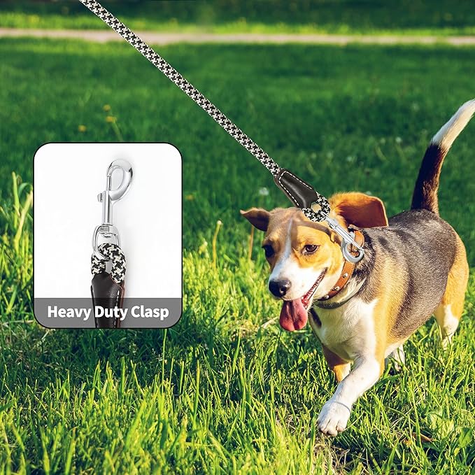 Mile High Life Genuine Leather Wrapped Handle Dog Leash, w Heavy Duty Clasp Rope Leash for Small Medium Large Dogs (Black Khaki, 4FT)