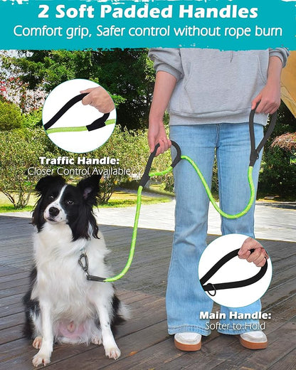 PetBonus Double Handle Rope Dog Leash, 5FT Heavy Duty Training Lead with Lockable Hook and 2 Comfortable Padded Handles, Reflective Walking Nylon Leash for Large Medium Dogs (55-200 lbs, Green)