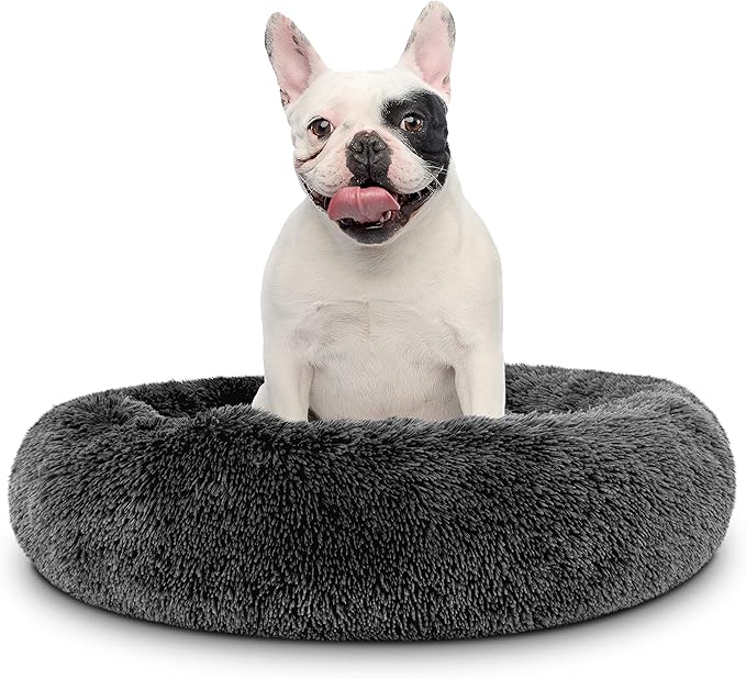 The Dog’s Bed Sound Sleep Donut Dog Bed, Medium Dark Grey Fur Calming Nest Bed, Veterinary Approved