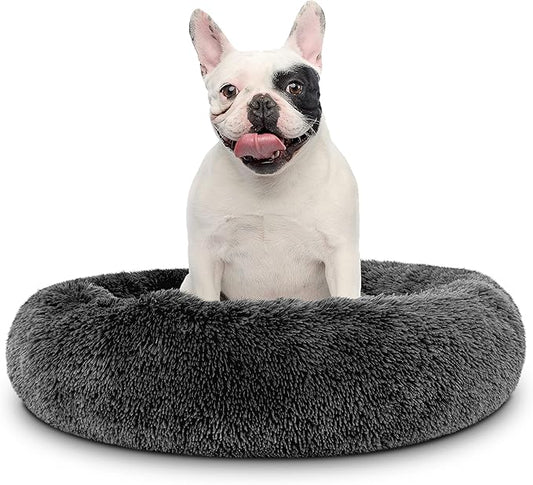 The Dog’s Bed Sound Sleep Donut Dog Bed, Medium Dark Grey Fur Calming Nest Bed, Veterinary Approved