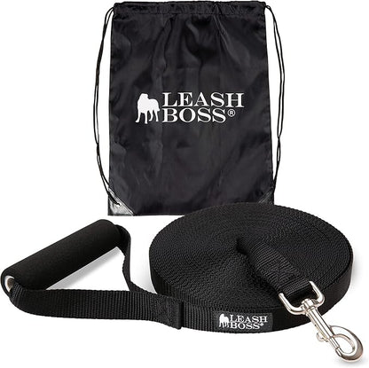 Leash Boss Free Range - Long Dog Leash for Large Dogs + Drawstring Backpack - 1 Inch Nylon Training Lead with Padded Handle (Black) (50 Ft)