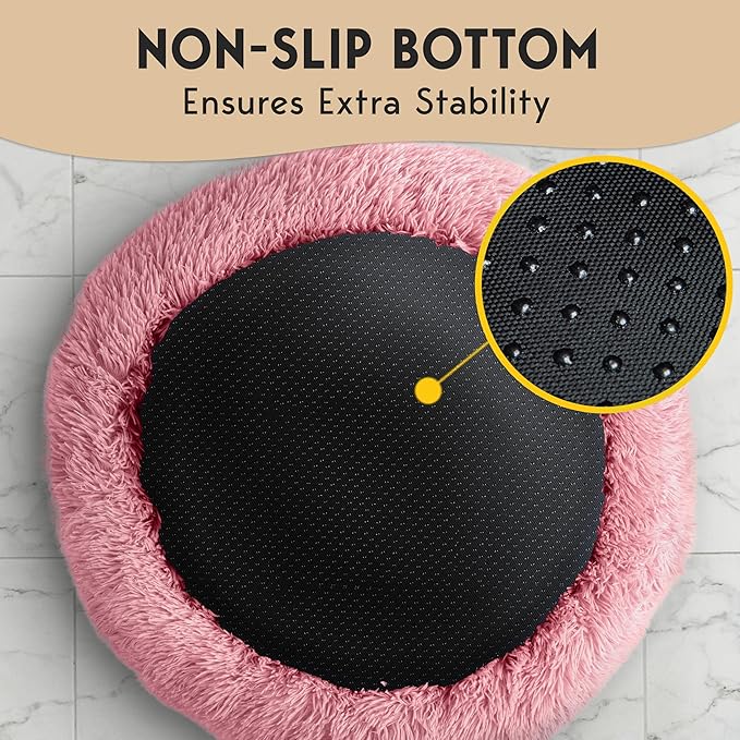 PetJett Calming Medium Dog Bed - 30'' Round Dog Beds, Anti-Slip & Washable Super Soft Fluffy Plush Donut Bed, Anti-Anxiety Premium Comfort Pet Bed, Fits Dogs up to 45 lbs - Pink