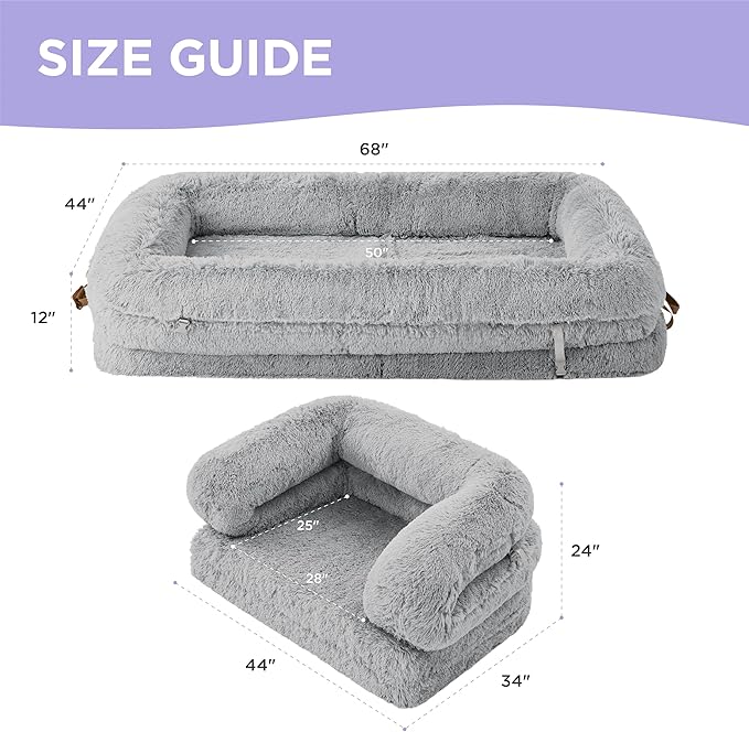 LE SURE Foldable Human Dog Bed - 3 in 1 Flexible Giant Human Dog Bed for Adult People with Supportive Bolster Egg Foam, Waterproof Liner, Calming Fluffy Faux Fur Orthopedic Big Bean Bed, Soft Grey