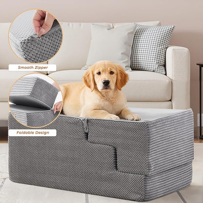 HYLEORY Dog Stairs for Bed 22.5''H, 5-Step Pet Stairs for Small Dogs Cats, Sturdy Pet Steps with Non-Slip Bottom, Functional Portable Dog Ramp for Couch/Chair/Sofa/Car, Storage Pocket, Light Grey-Grey