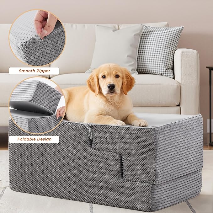 HYLEORY Dog Stairs for Bed 22.5''H, 5-Step Pet Stairs for Small Dogs & Cats, Sturdy Pet Steps with Non-Slip Bottom, Functional Portable Dog Ramp for Couch/Chair/Sofa/Car, with Storage Pocket, Grey