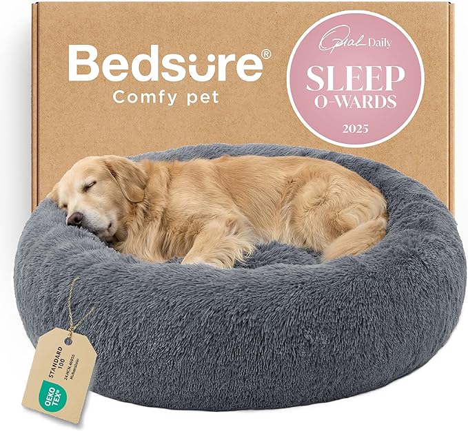 Bedsure Calming Dog Bed for Extra Large Dogs - Donut Washable Large Pet Bed, 45 inches Anti-Slip Round Fluffy Plush Faux Fur Dog Bed, Fits up to 120 lbs Pets, Dark Grey