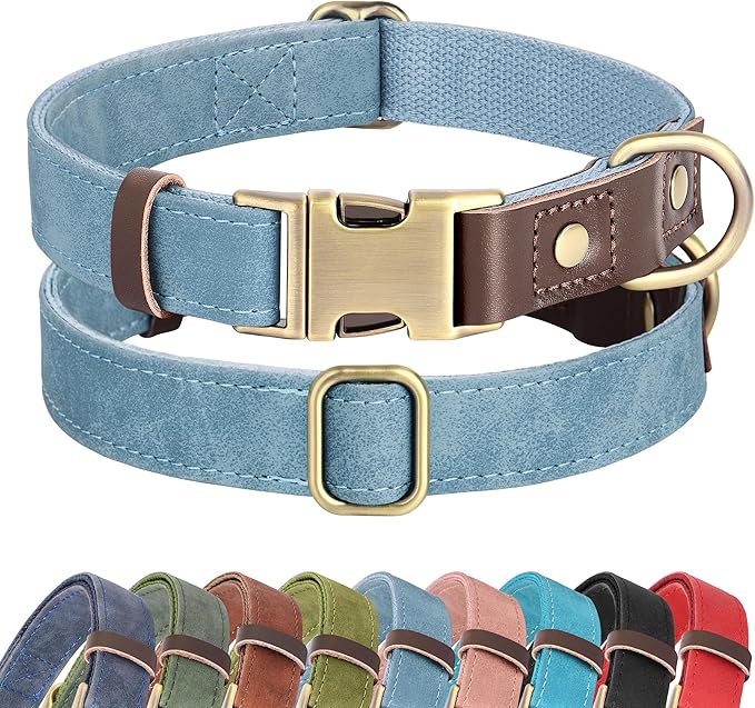 Didog Soft PU Leather Dog Collars for Small Dogs,Classic Adjustable Dog Collars with Quick Release Metal Buckle,Easy Clean and Comfortable with Nylon Lining,Denim Blue,S Neck 11-15"