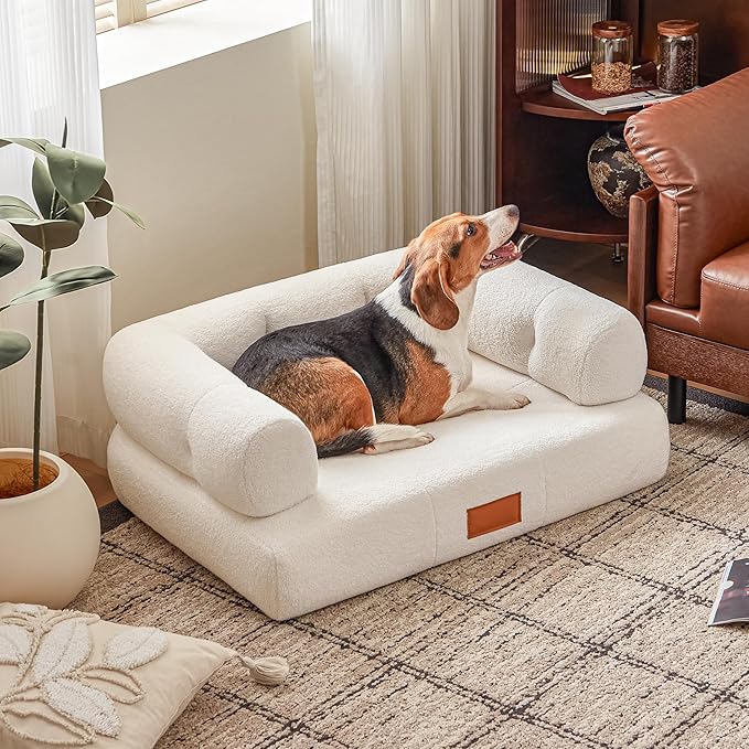 ATJafurn White Faux Shearling Dog Couch Bed for Large Dogs Under 70 lbs, 33.9 Inch Modern Tufted Elevated Dog Sofa with Leather Nameplate, Indoor Furniture Style Cute Raised Pet Sofa Bed (Large)