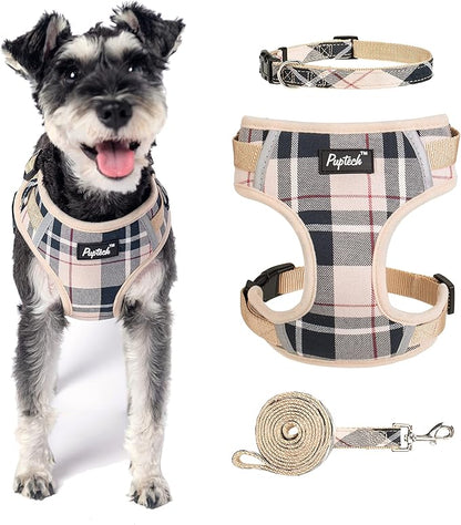 PUPTECK Small Dog Harness and Leash Set, No Pull Adjustable Puppy Cat Harness, Reflective Soft Mesh Pet Vest Small Sized, Beige Plaid, XS