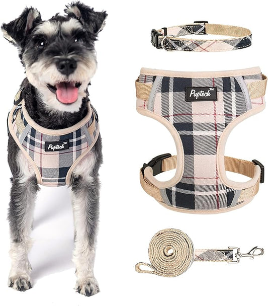 PUPTECK Small Dog Harness and Leash Set, No Pull Adjustable Puppy Cat Harness, Reflective Soft Mesh Pet Vest Small Sized, Beige Plaid, M
