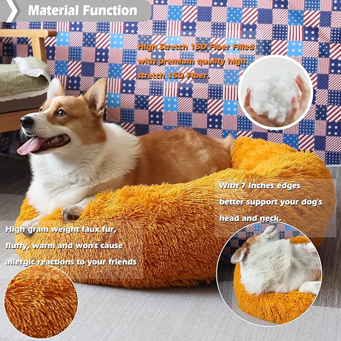 Calming Dog Bed for Medium Dogs Washable Donut 30 inches Anti-Slip Pet Bed,Round Fluffy Plush Faux Fur Cat Bed,Fits up to 45 lbs Pets,Orange