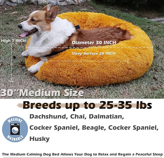 Calming Dog Bed for Medium Dogs Washable Donut 30 inches Anti-Slip Pet Bed,Round Fluffy Plush Faux Fur Cat Bed,Fits up to 45 lbs Pets,Orange