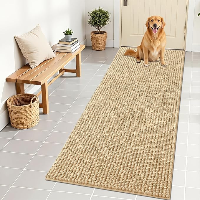 OLANLY Dog Door Mat for Muddy Paws 70x24, Ultra Absorbent Chenille Mud Doormat, Non-Slip Washable and Dirt Trapping Doormat for Indoor Entryway, Quick-Dry Indoor Pet Bed Mats for Dogs, Beige