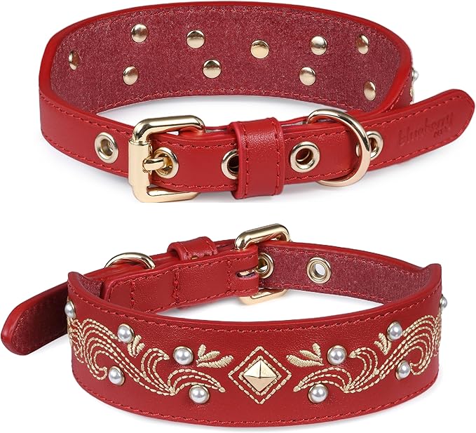 Blueberry Pet Western Leather Dog Collar - Genuine Leather with Floral Embroidery & Pearl Studs Adjustable 12-15 Inch Neck for Small Dogs, Comfortable and Stylish Pet Collar