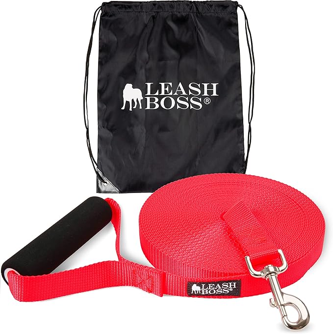 Leash Boss Free Range - Long Dog Leash for Large Dogs - 1 Inch Heavy Duty Nylon Training Lead with Padded Handle - High Visibility Orange - Extra Long Dog Leash (30 Ft)