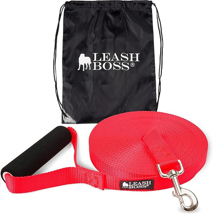 Leash Boss Free Range - Long Dog Leash for Large Dogs - 1 Inch Heavy Duty Nylon Training Lead with Padded Handle - High Visibility Orange - Extra Long Dog Leash (30 Ft)