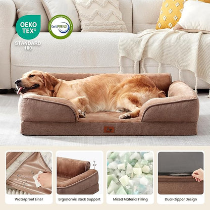 Warmrest XL Orthopedic Dog Beds for Large Dogs, Waterproof Egg-Crate Foam Pet Couch Bed with Soft Sides, Non-Slip Dog Sofa with Flannel Removable Washable Cover, 42" L Supportive Pet Sofa, Brown