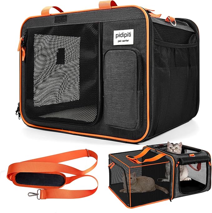 pidipiti 20 x 14 x 14 inches Expandable pet Carrier for 1 Large cat Under 25 lbs,2 Medium Cats/Rabbits 20 lbs+, 1 Small Dog Under 15 lbs,cat Crate/Bag for Short Trip/Long Distance car Travel