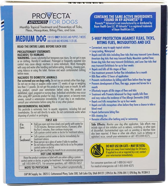 Provecta® Advanced for Dogs Flea and Tick Topical Treatment for Medium Dogs (11–20 lbs), 4-Month Supply