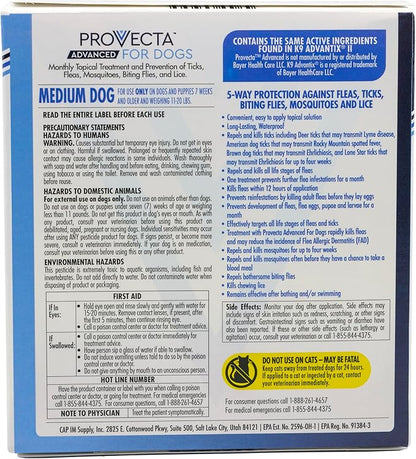 Provecta® Advanced for Dogs Flea and Tick Topical Treatment for Medium Dogs (11–20 lbs), 4-Month Supply