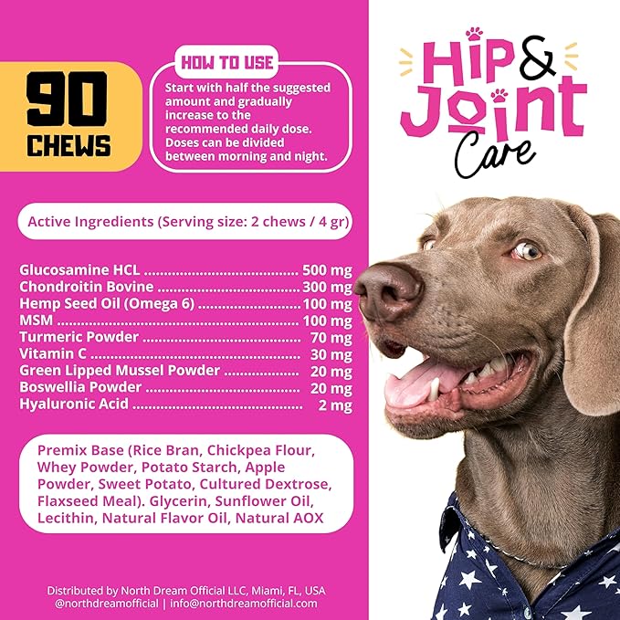 Hip & Joint Supplement for Dogs – Glucosamine, Chondroitin, MSM, Turmeric & Hemp Oil – Natural Mobility & Pain Relief Soft Chews – Beef Flavor – 90 Count – Made in USA