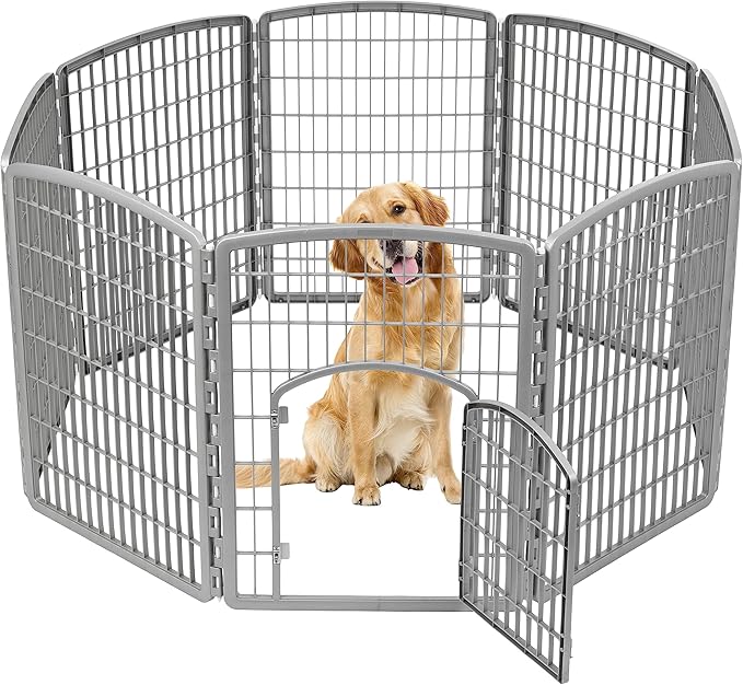 IRIS USA 34" 8-Panel Pet Dog Puppy Playpen with Door, Indoor/Outdoor Dog Pen, 63 x 63 x 34, Foldable, Customizable, Chrome