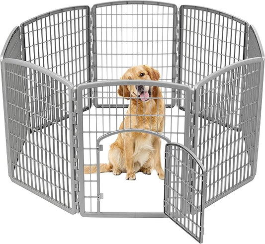 IRIS USA 34" 8-Panel Pet Dog Puppy Playpen with Door, Indoor/Outdoor Dog Pen, 63 x 63 x 34, Foldable, Customizable, Chrome