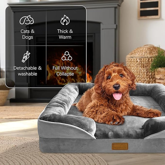 Spotted Play Orthopedic Dog Bed with Sides - Dog Sofa Beds for Small Dogs, Supportive Foam Pet Couch Bed with Washable Removable Cover, Waterproof Lining and Non-Slip Bottom, Grey - S