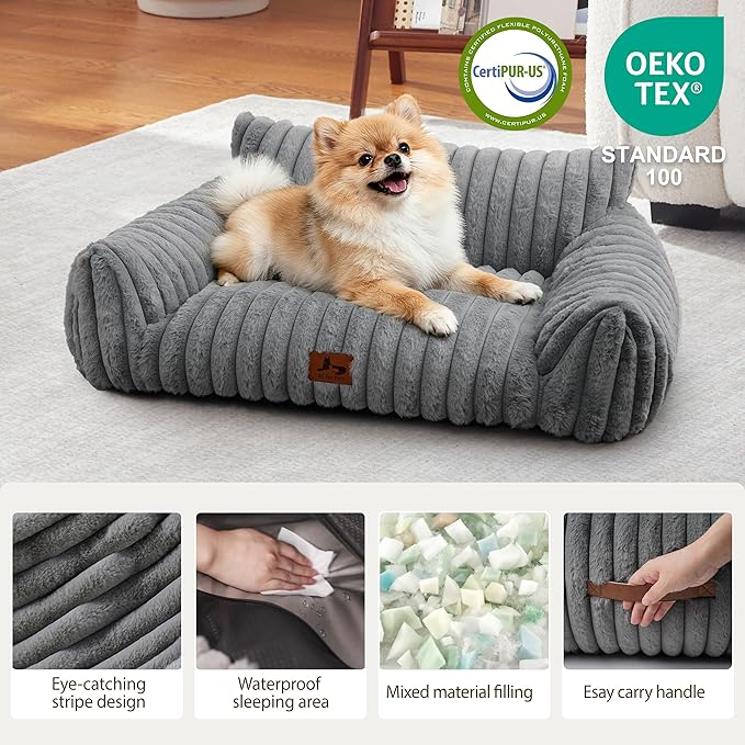 Warmrest Cat Couch for Pets, Cute Small Dog Couch Bed with Cozy Soft Faux Rabbit Fur for Small Dogs, Fuzzy Dog Couch for Indoor Cats, Supportive Pet Sofa with Removable Washable Cover, Light Gray, 30"