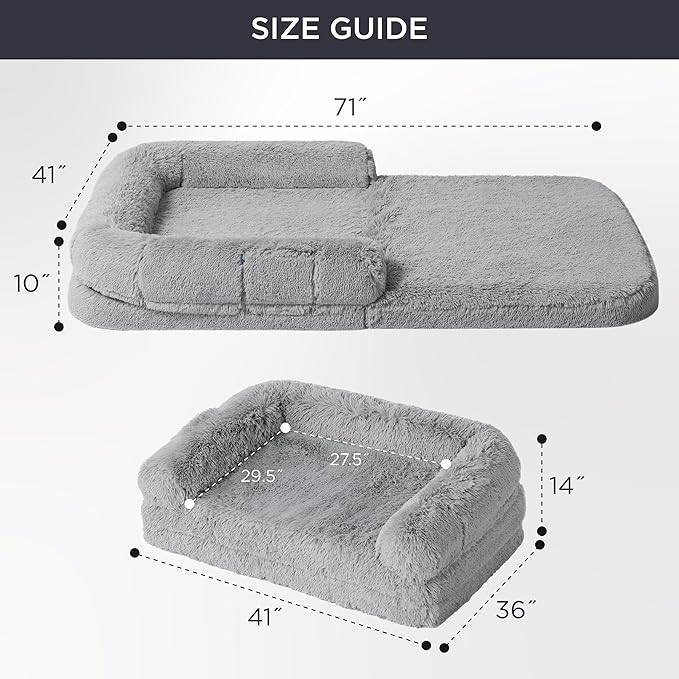 Bedsure Foldable Human Dog Bed -Giant Dog Bed for Adult People with Supportive Bolster Egg Foam, Waterproof Liner, Calming Fluffy Faux Fur Orthopedic Big Bean Bed, Light Grey