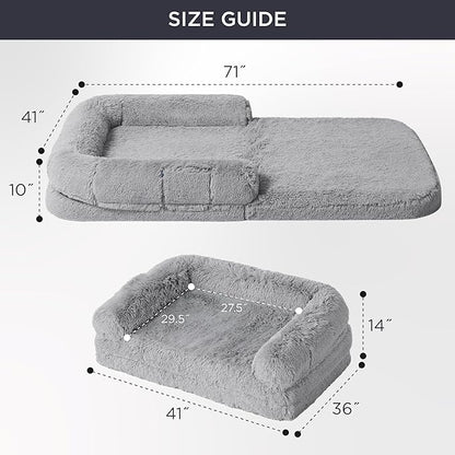 Bedsure Foldable Human Dog Bed -Giant Dog Bed for Adult People with Supportive Bolster Egg Foam, Waterproof Liner, Calming Fluffy Faux Fur Orthopedic Big Bean Bed, Light Grey