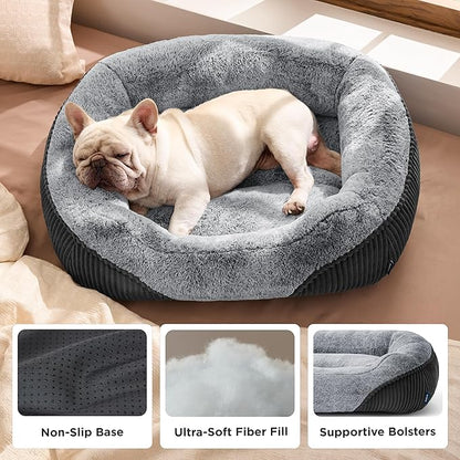Bedsure Washable Dog Bed Medium Size Dog - Rectangle Fluffy Plush Big Pet Bed, Corduroy Fleece and Nonskid Bottom,30x24x8inches,Suitable for Pet Up to 35lbs,Grey