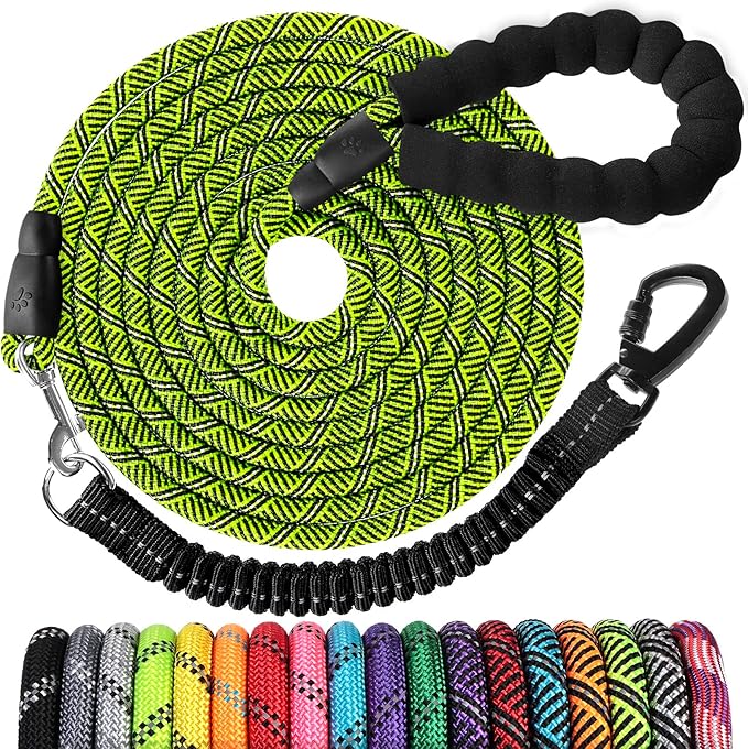 Long Dog Leash 15 FT: Heavy Duty Rope Leashes for Dogs Training with Swivel Lockable Hook Reflective Threads Bungee and Padded Handle - Dog Lead for Large Small Medium Dogs Outside Walking Hiking