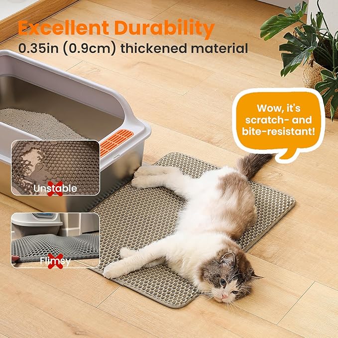 Petinstinct Cat Litter Mat, 24x18 Inches Large Double Layer Honeycomb Cat Litter Trapping Mat, Non Slip Waterproof Urine Proof Cat Litter Box Mat for Floor, Kitty Litter Rug, Cat Supplies, Beige