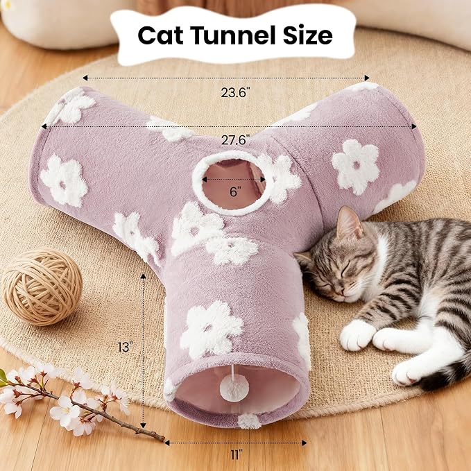 Tempcore Flannel Pet Cat Tunnel Tube Cat Toys 3 Way Collapsible, Cat Tunnels for Indoor Cats, Kitty Tunnel Bored Pet Toys Peek Hole Toy Ball Puppy, Kitty, Kitten, Rabbit Daisy Burlwood