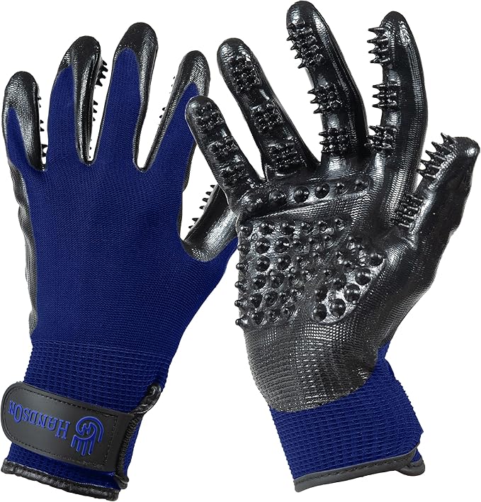 H HANDSON Pet Grooming Gloves - Patented #1 Ranked, Award Winning Shedding, Bathing, & Hair Remover Gloves - Gentle Brush for Cats, Dogs, and Horses (Blue, Medium)