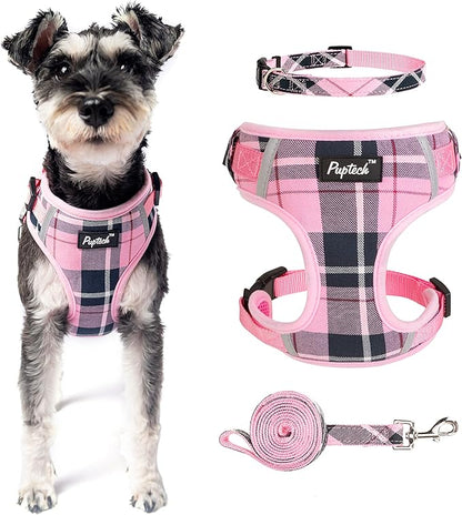 PUPTECK Small Dog Harness and Leash Set, No Pull Adjustable Puppy Cat Harness, Reflective Soft Mesh Pet Vest Small Sized, Pink Plaid, XS