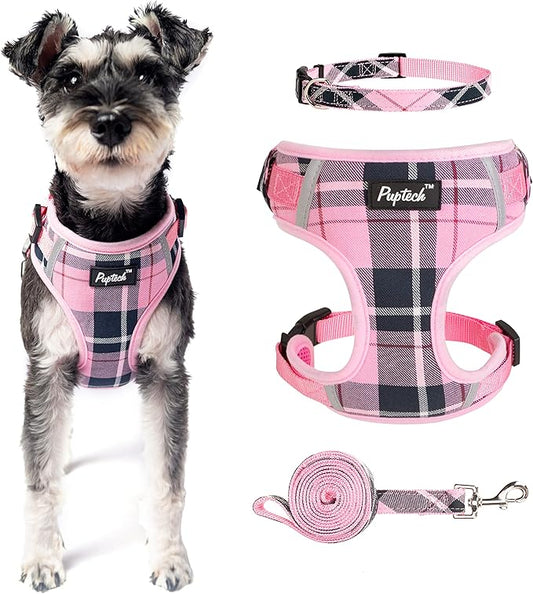 PUPTECK Small Dog Harness and Leash Set, No Pull Adjustable Puppy Cat Harness, Reflective Soft Mesh Pet Vest Small Sized, Pink Plaid, XS